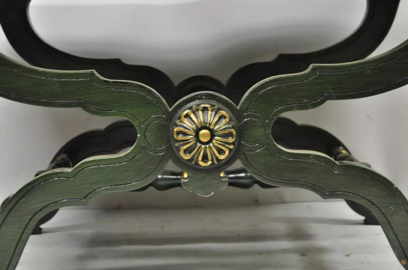 Vintage Curule X-Form Dorothy Draper Espana Style Green Marble Top Side Table In Good Condition For Sale In Philadelphia, PA
