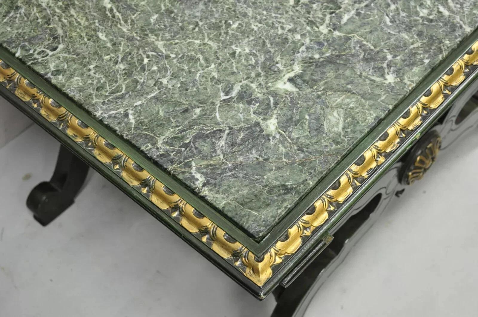 Vintage Curule X-Form Dorothy Draper Espana Style Green Marble Top Side Table For Sale 1