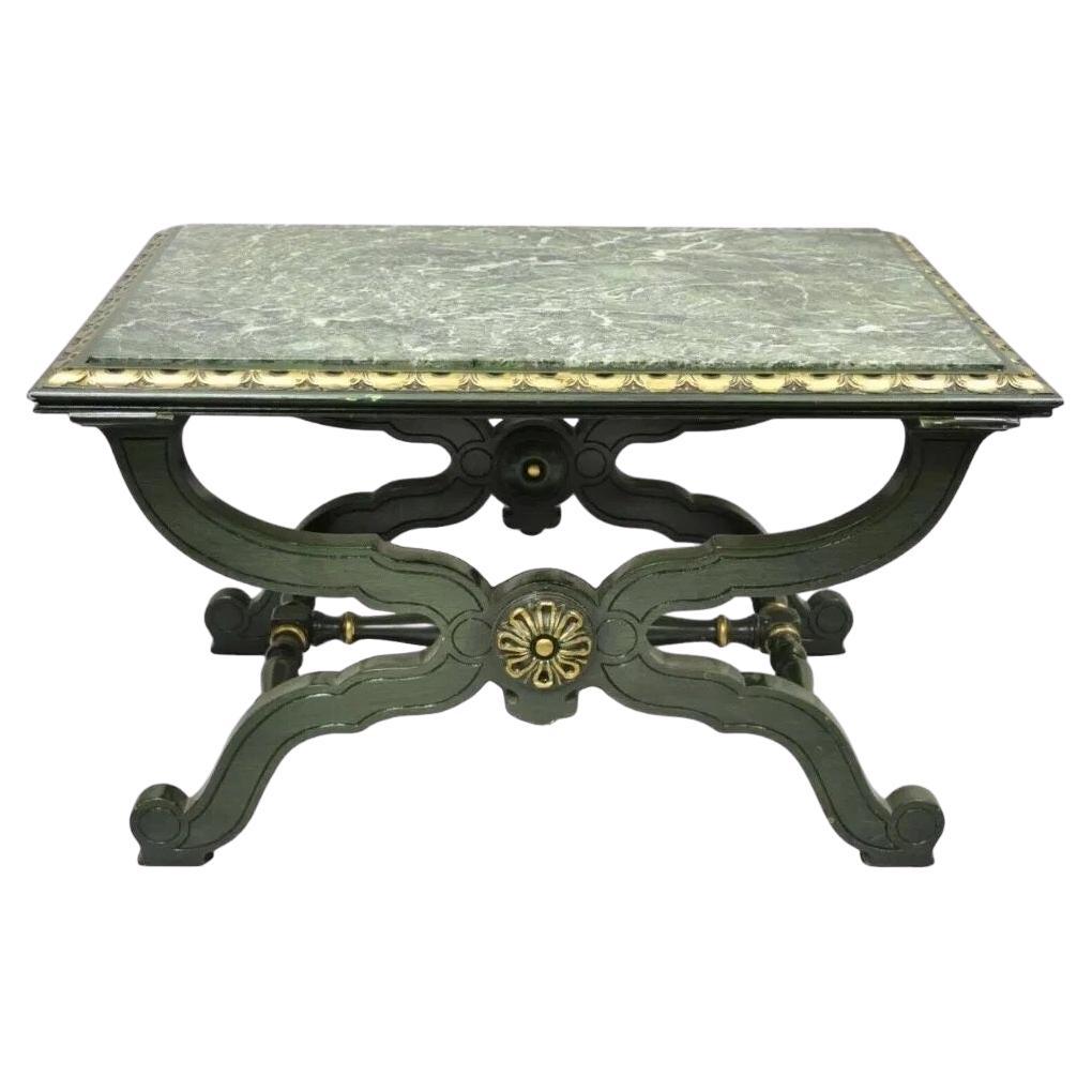 Mesa Auxiliar Vintage Curule X-Form Dorothy Draper Estilo España Tapa de Mármol Verde