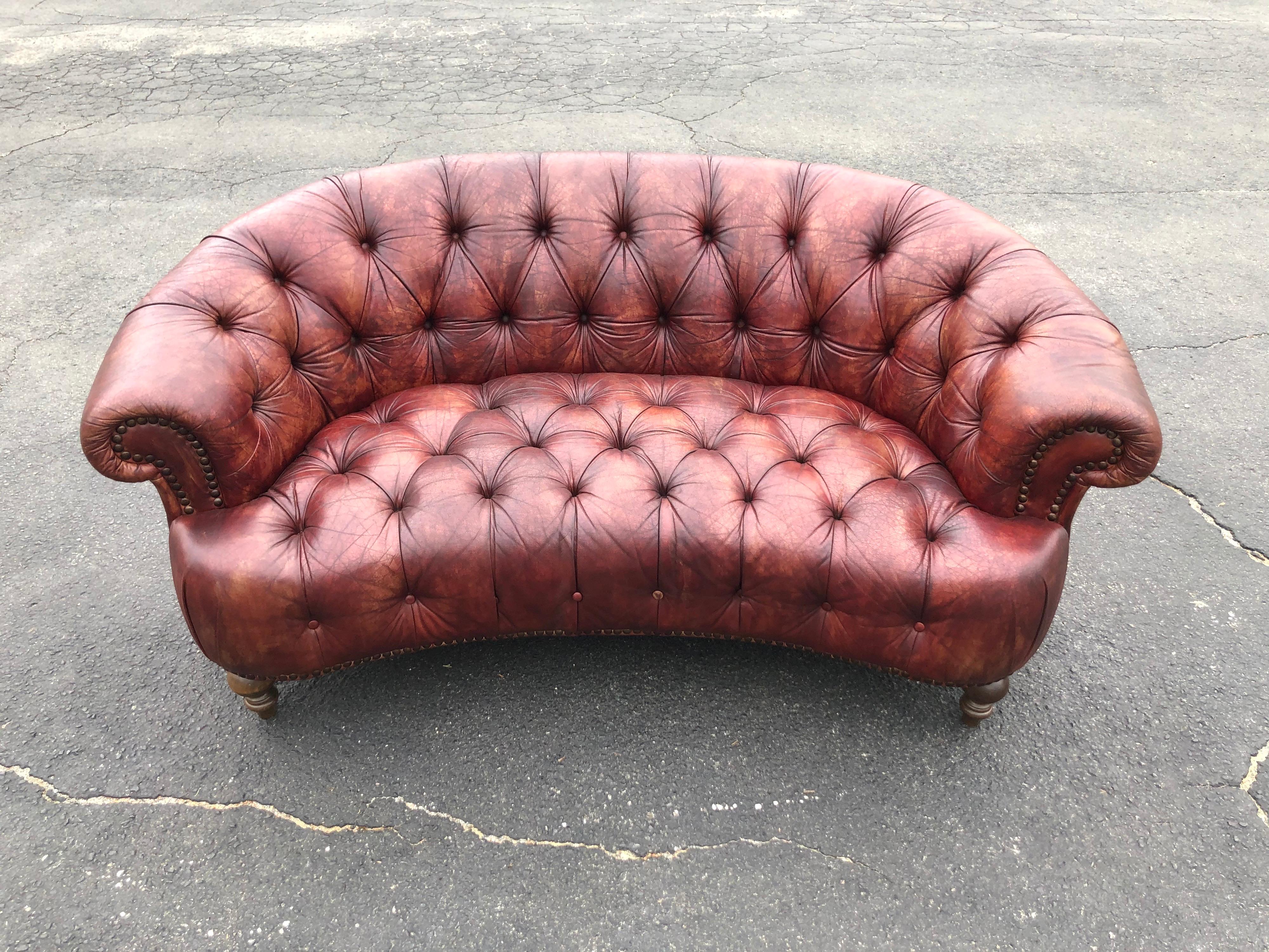 Curved Italian Leather Chesterfield Sofa in Brown 11