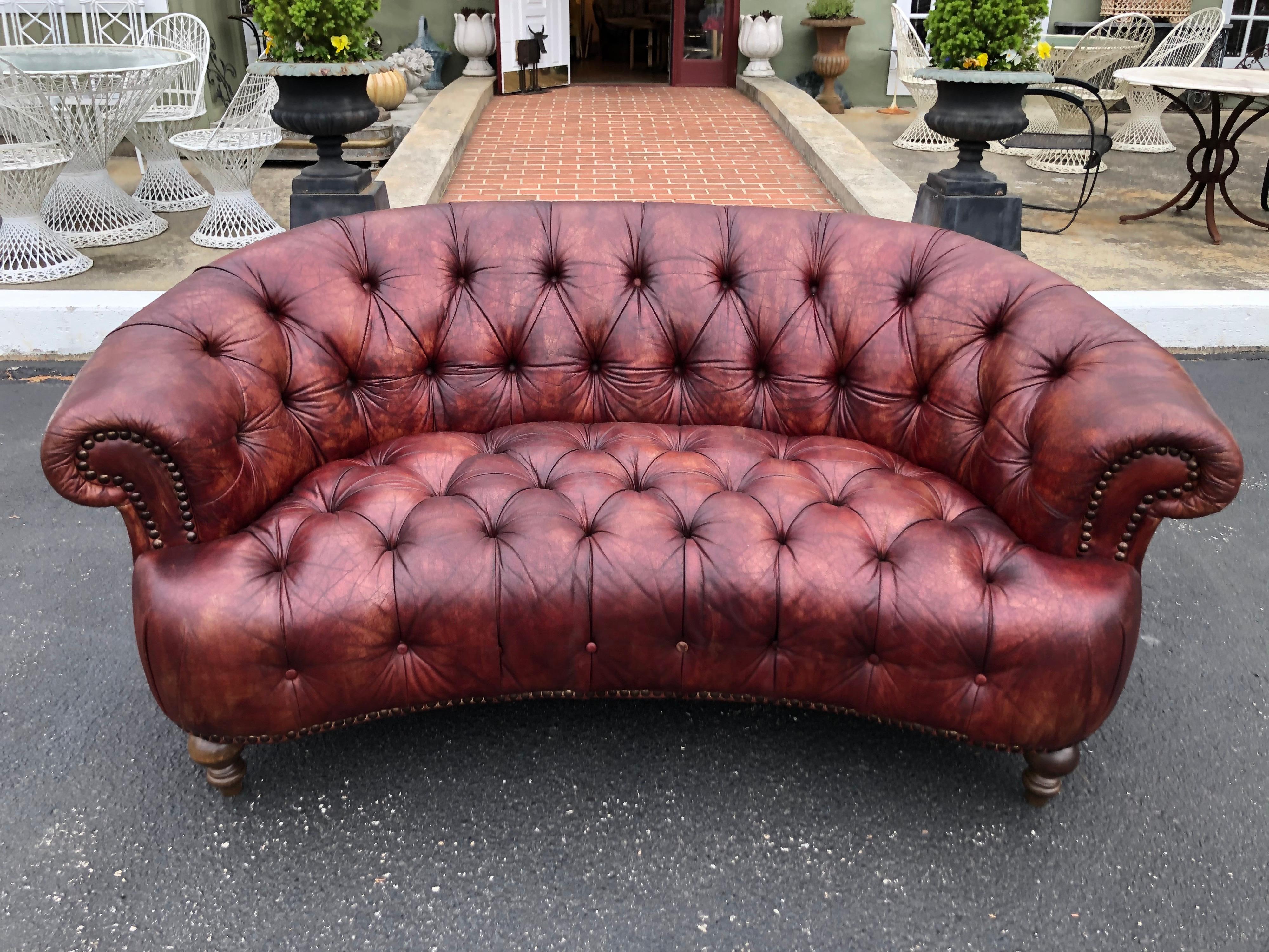 Curved Italian Leather Chesterfield Sofa in Brown 12