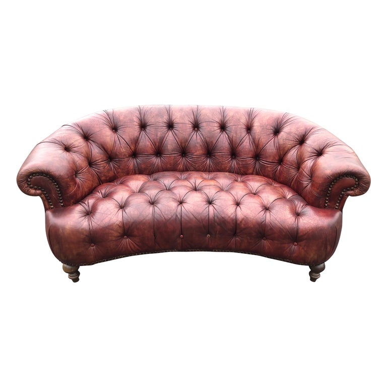 Curved Italian Leather Chesterfield Sofa in Brown For Sale
