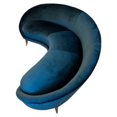 Vintage Curved Sofa 1950s Italian designed teal color Velvet by Federico Munari 