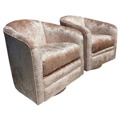 Vintage Curved Swivel Club Chairs, Newly Upholstered, Blush Crushed Velvet-Pair