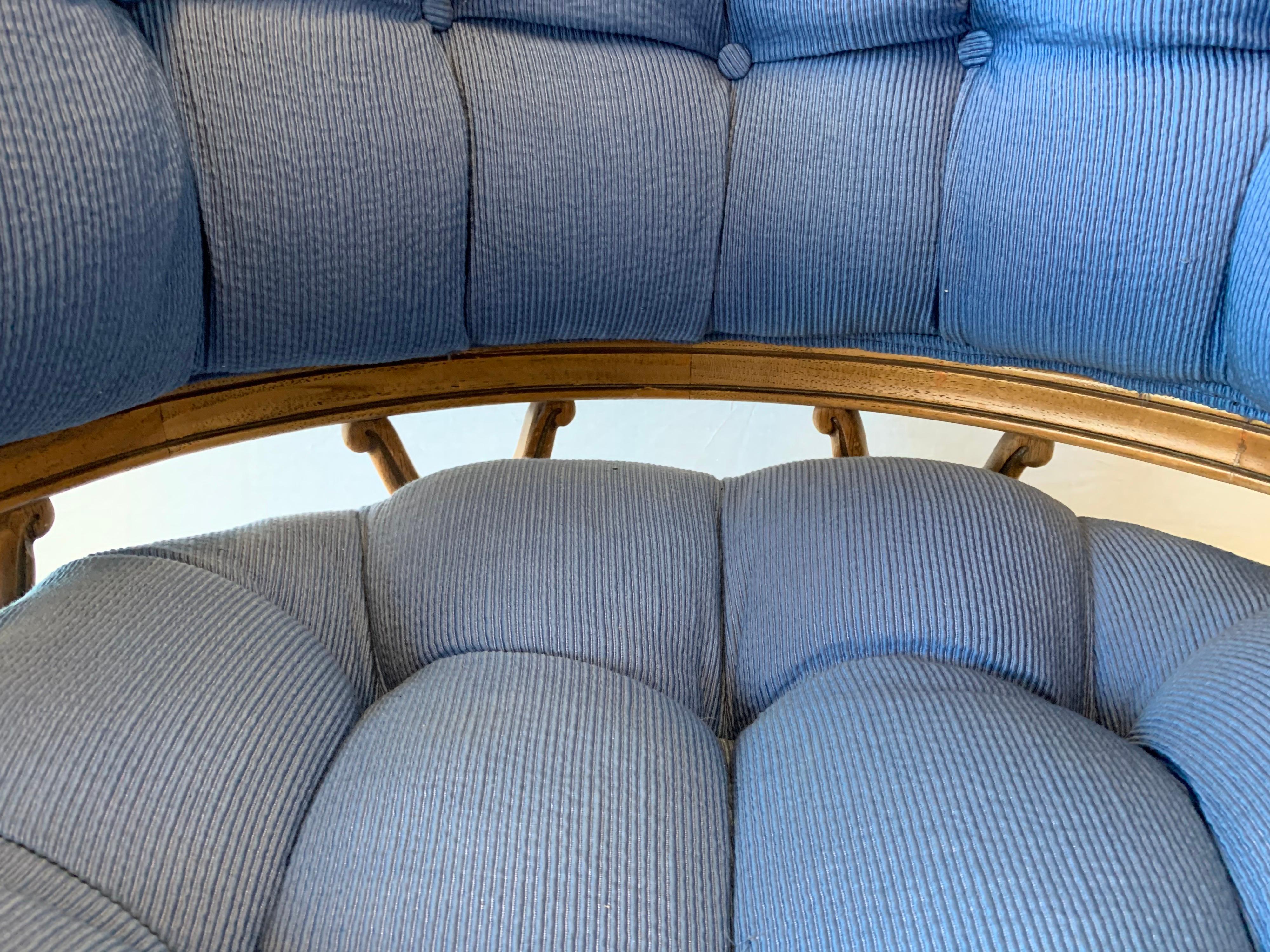 American Vintage Curved Tufted Blue Upholstered Barrel Back Armchair