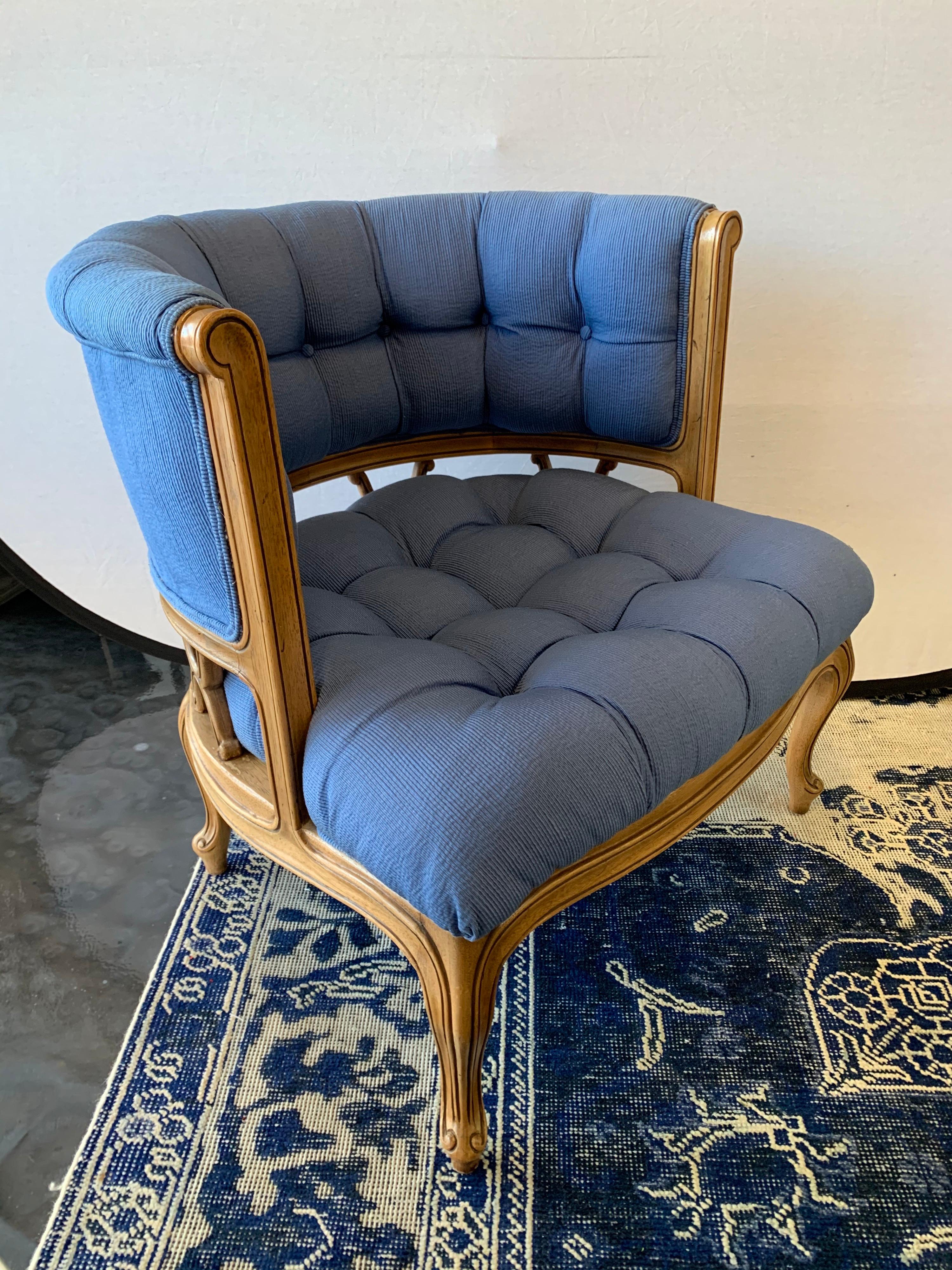 Vintage Curved Tufted Blue Upholstered Barrel Back Armchair In Good Condition In West Hartford, CT