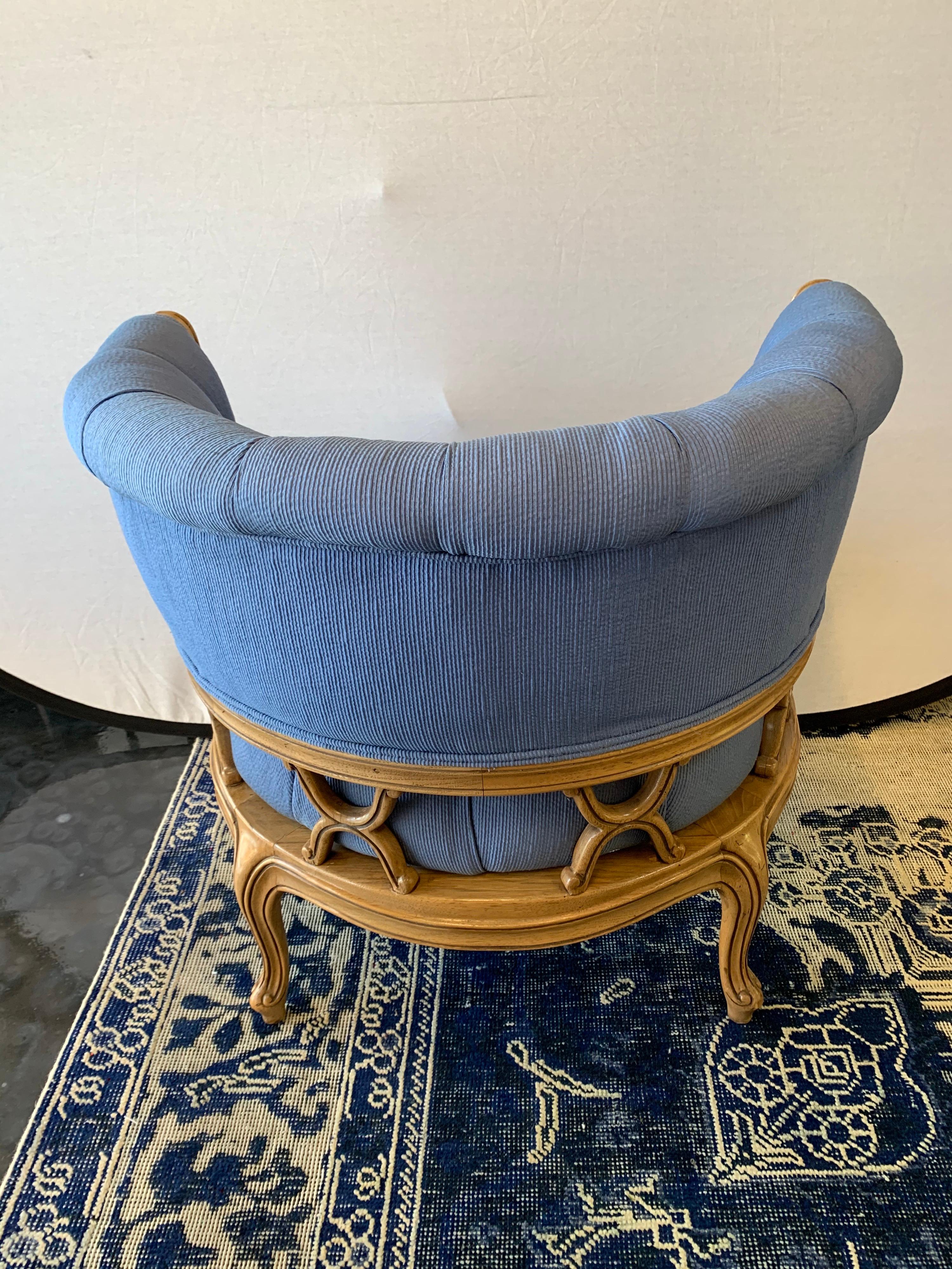 Vintage Curved Tufted Blue Upholstered Barrel Back Armchair 1