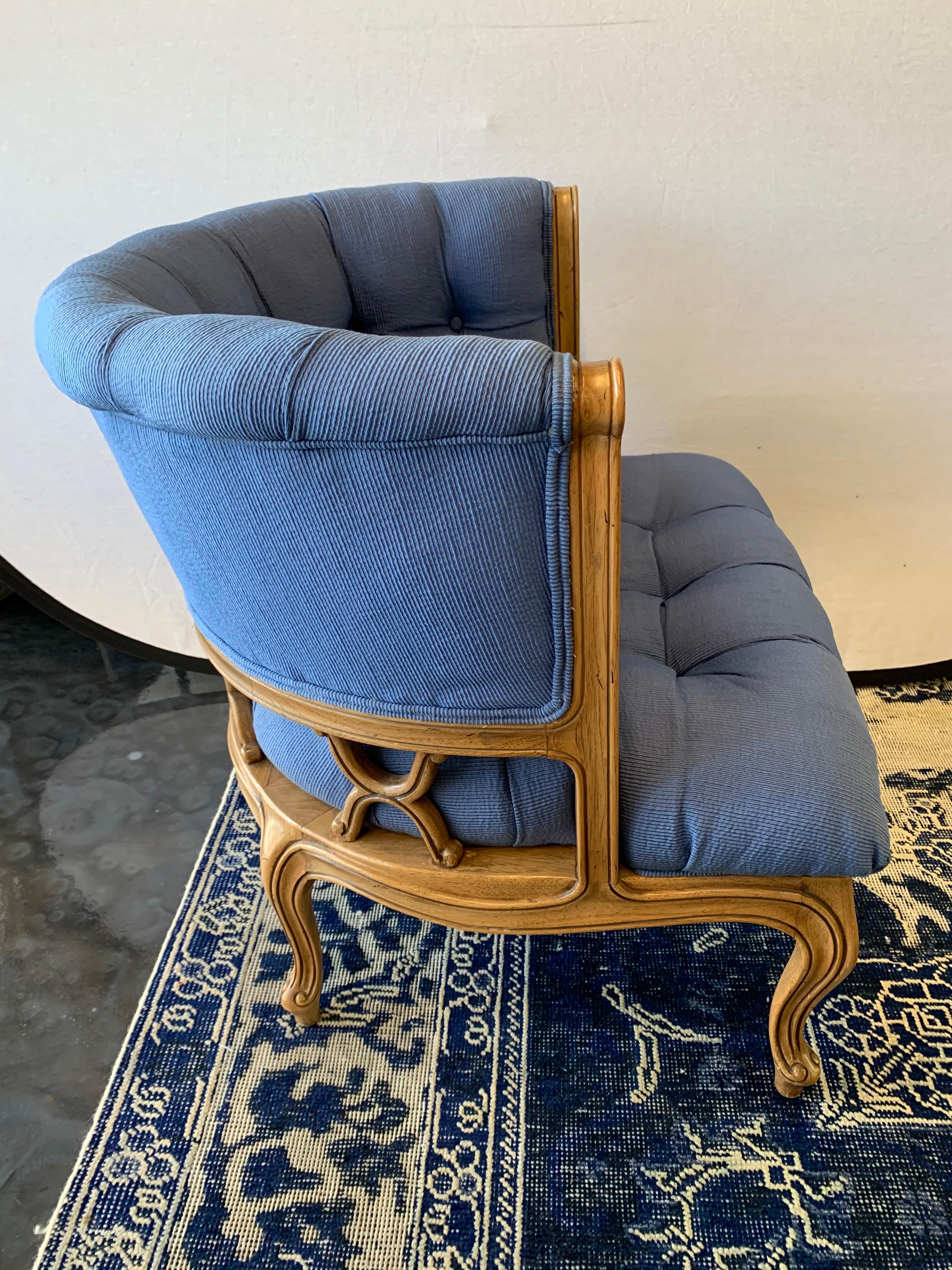 Vintage Curved Tufted Blue Upholstered Barrel Back Armchair 2