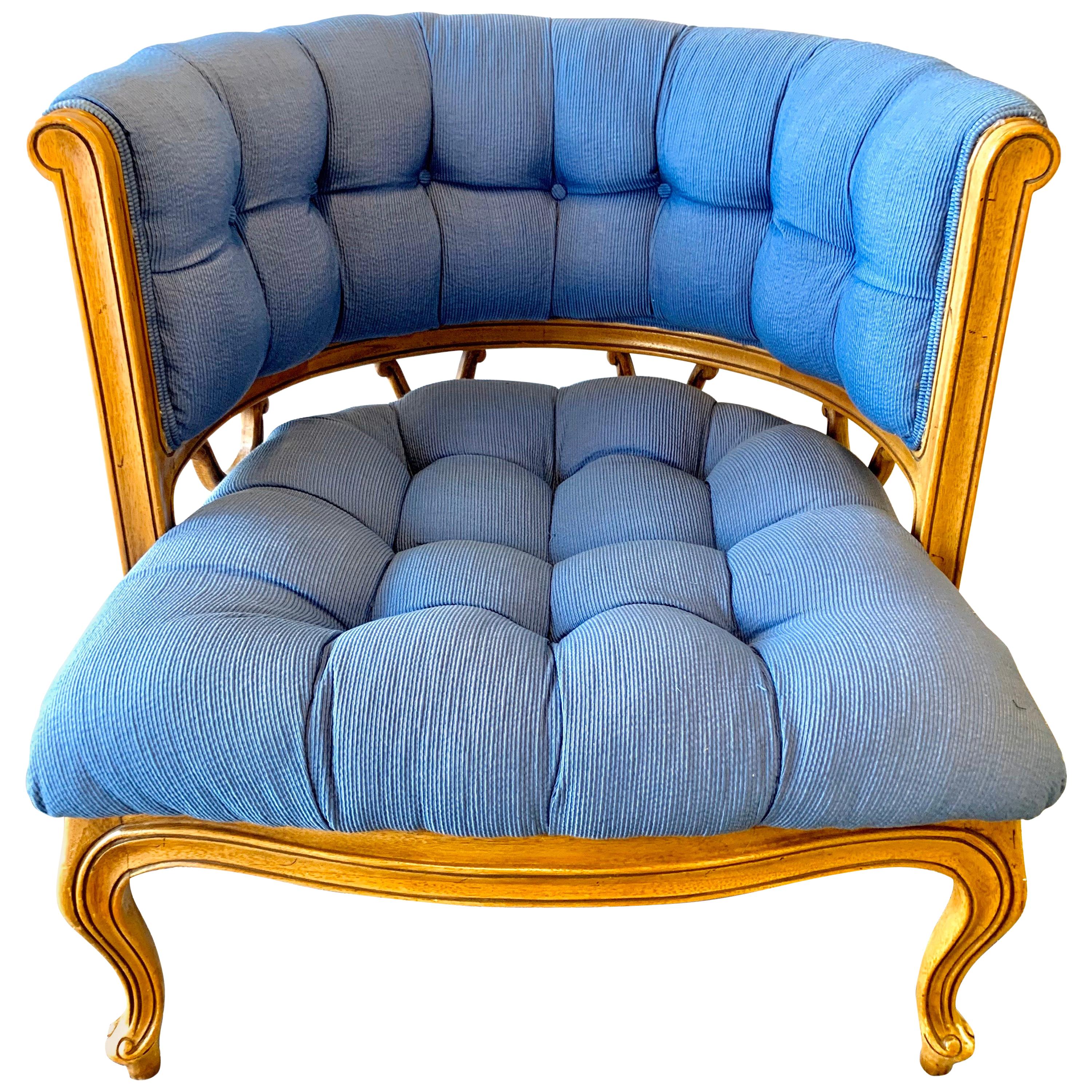 Vintage Curved Tufted Blue Upholstered Barrel Back Armchair