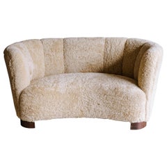 Vintage Curved Two Seater Sofa in Sheepskin, from Denmark, Circa 1950