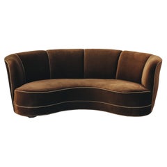 Vintage Curved Velvet Sofa From Denmark, Circa 1950