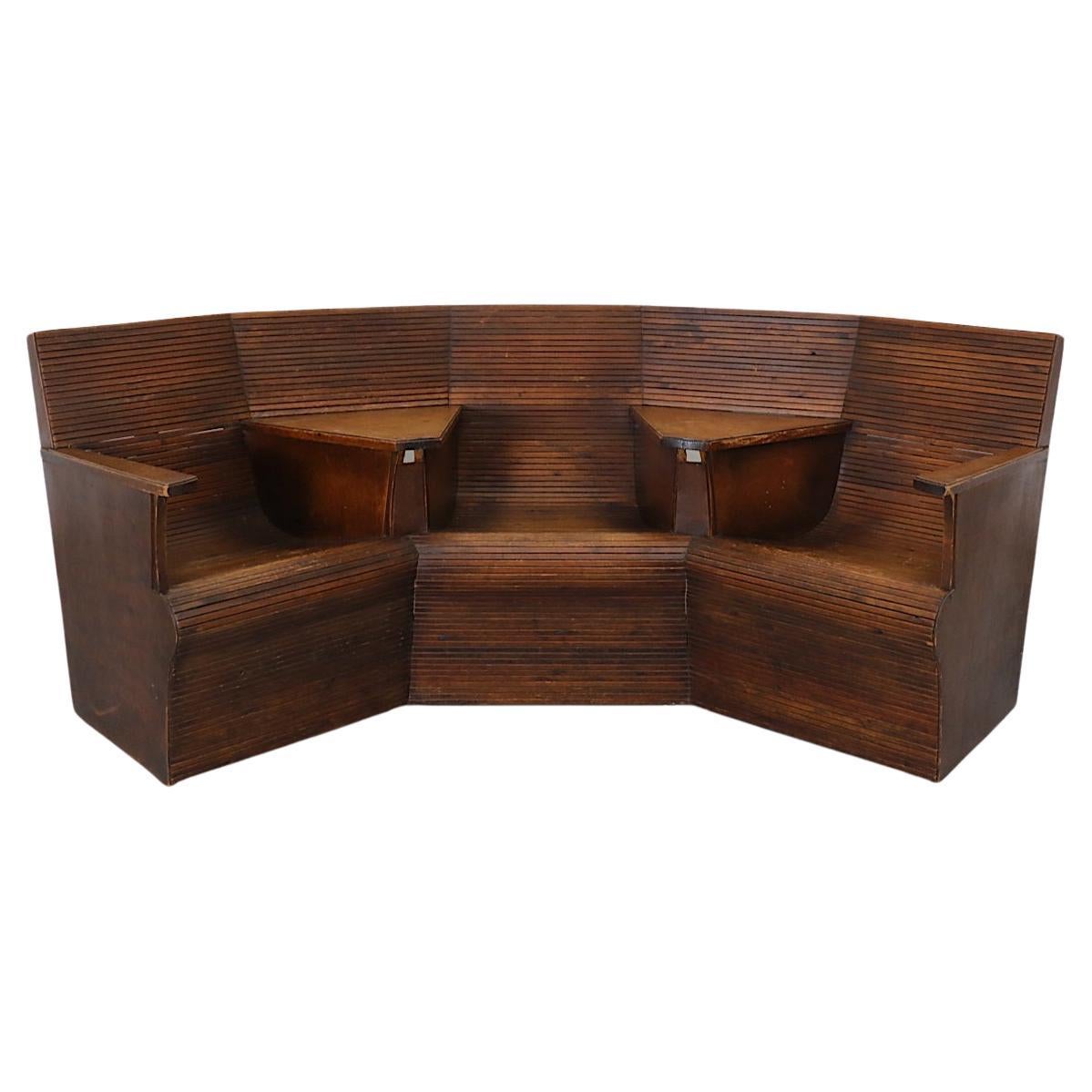 Vintage Curved Wood Bench Seating from Dutch Train Station