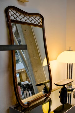 Vintage curved wood frame mirror with lattice detail, mid-century modern