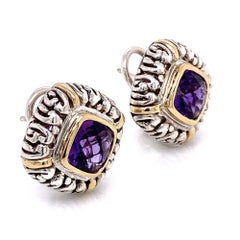 Vintage Cushion Amethyst Gold and Sterling Silver French Clip Earrings