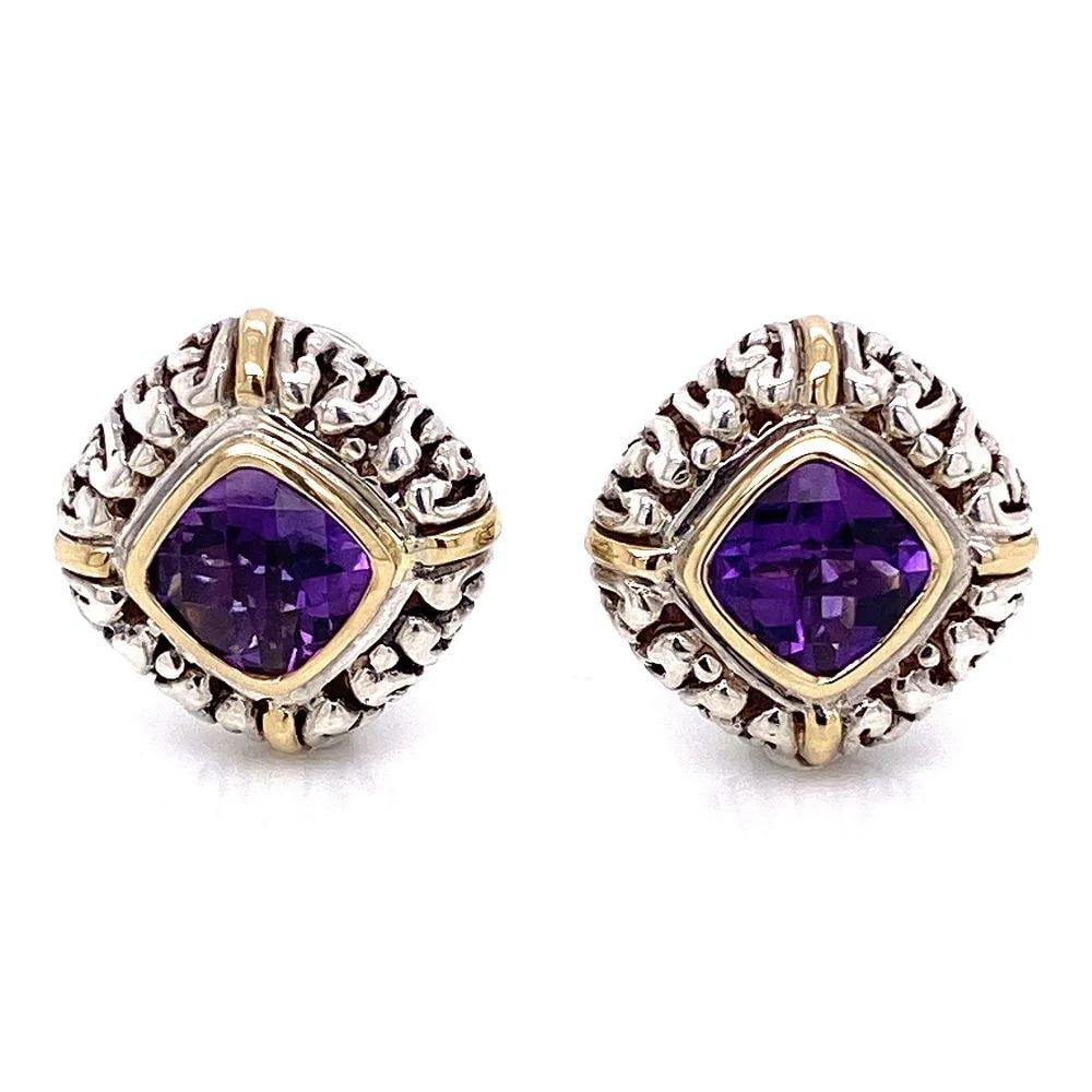 Cushion Cut Vintage Cushion Amethyst Gold and Sterling Silver French Clip Earrings For Sale