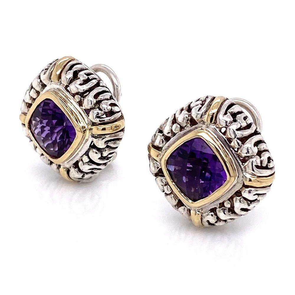 Women's Vintage Cushion Amethyst Gold and Sterling Silver French Clip Earrings For Sale