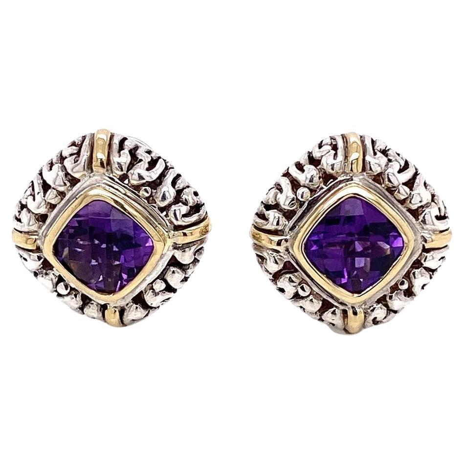 Vintage Cushion Amethyst Gold and Sterling Silver French Clip Earrings For Sale