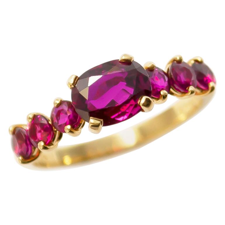 Vintage Cushion and Round Red Ruby East West 18 Karat Yellow Gold Ring