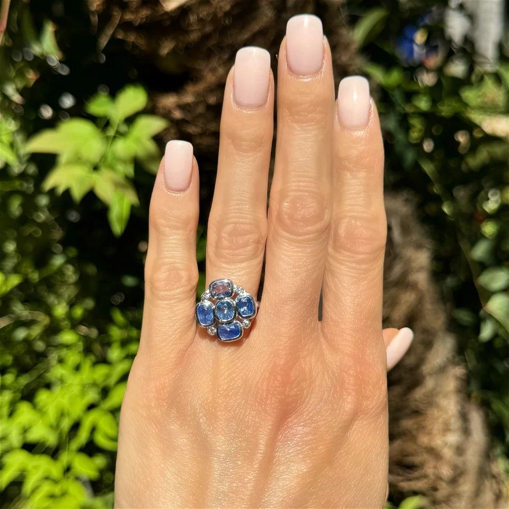 Modernist Vintage Cushion Blue Sapphire and Diamond Gold Cluster Ring For Sale