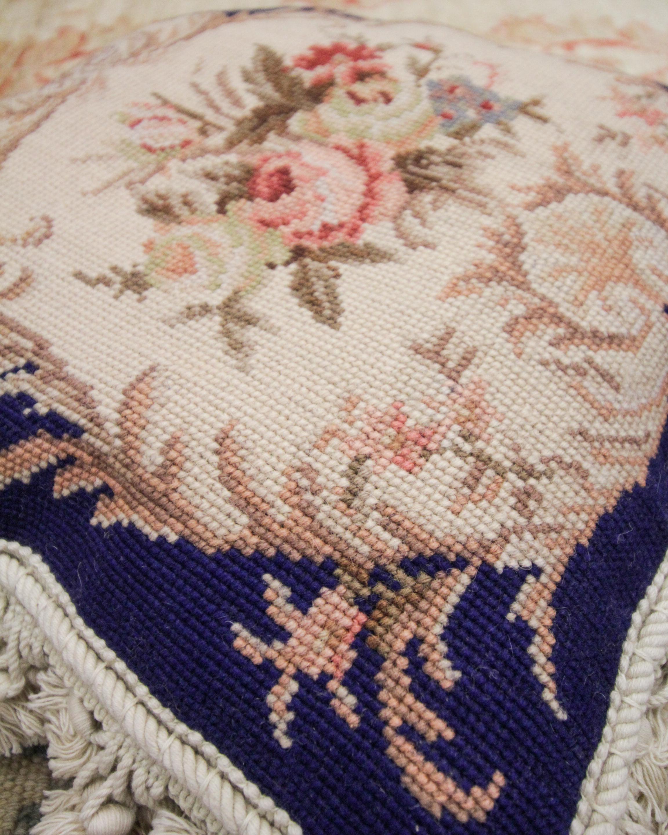 Needlework Vintage Cushion Cover Deep Blue Floral Pillow Case Sofa Armchair Scatter