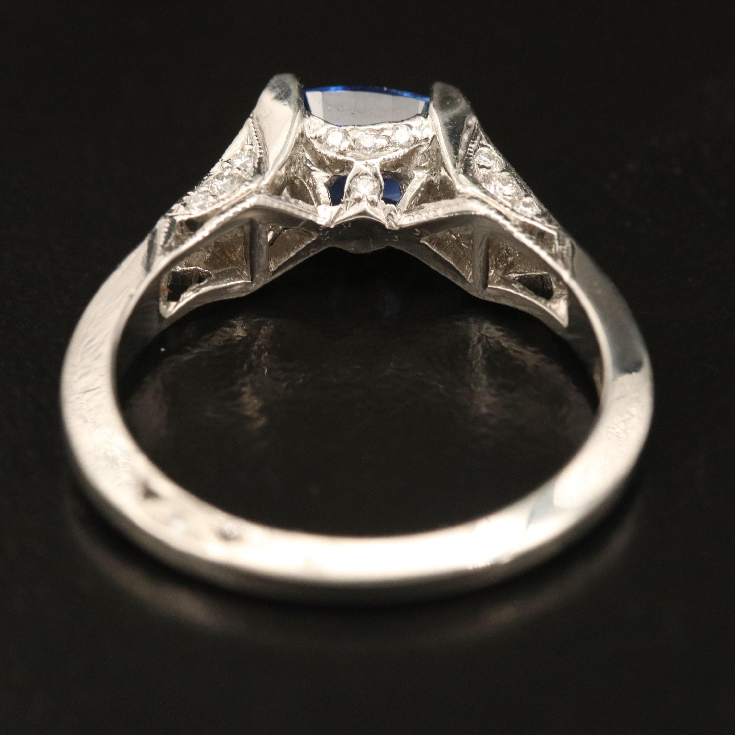 For Sale:  Vintage Cushion Cut Sapphire Engagement Ring, Minimalist Sapphire Diamond Ring 5