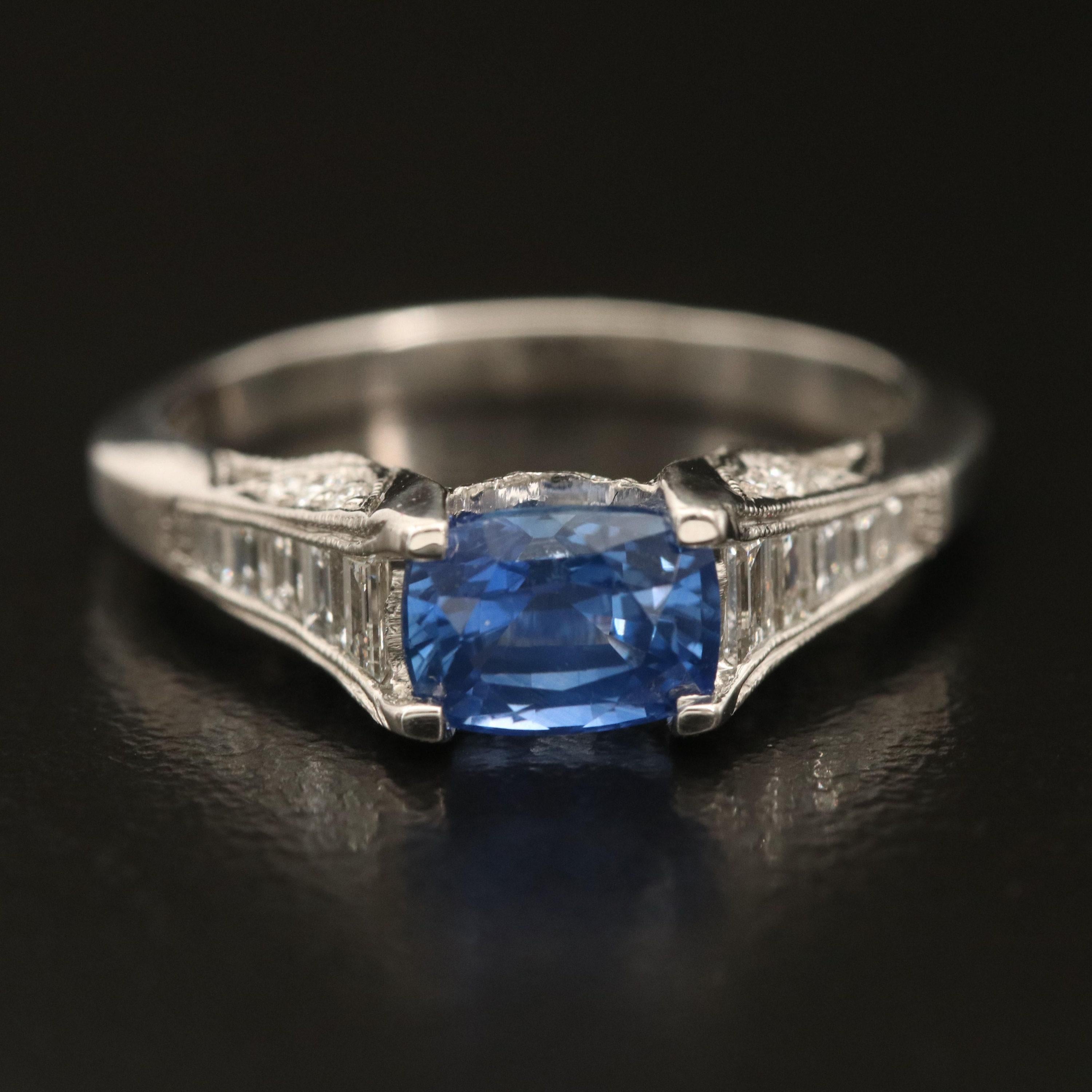 For Sale:  Vintage Cushion Cut Sapphire Engagement Ring, Minimalist Sapphire Diamond Ring 6