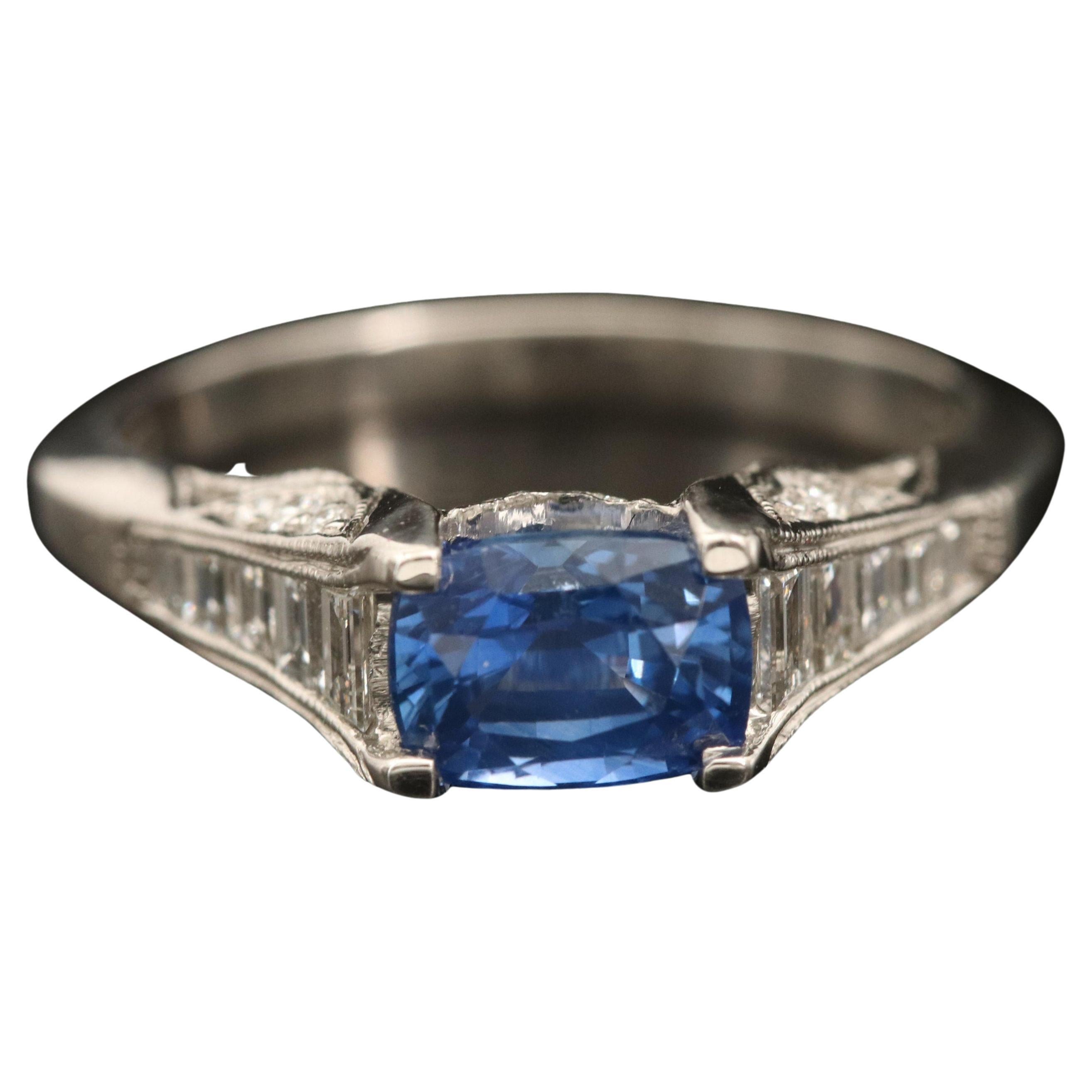 For Sale:  Vintage Cushion Cut Sapphire Engagement Ring, Minimalist Sapphire Diamond Ring