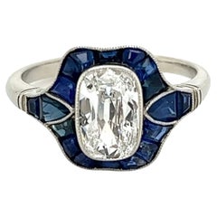 Vintage Cushion Diamond and Sapphire Art Deco Platinum Ring Estate Fine Jewelry