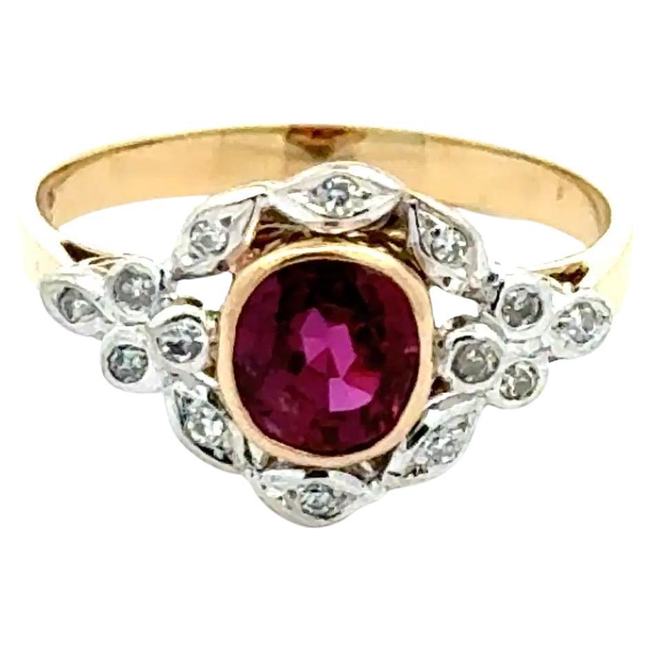 Vintage Cushion Ruby and Diamond 2-Tone Gold Ring For Sale