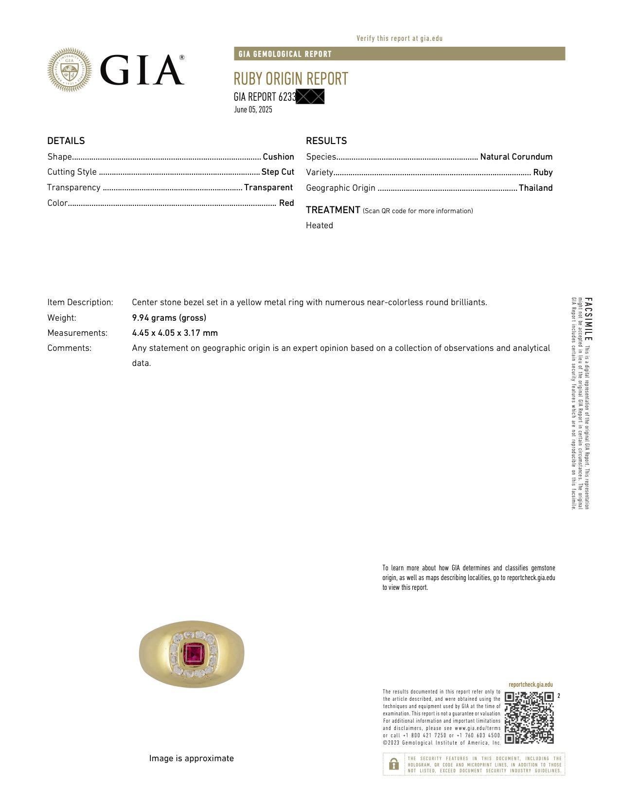 Bague Vintage Cushion Ruby & Diamond Bombe en or jaune 18k - GIA en vente 6