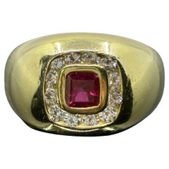 Vintage Cushion Ruby & Diamond Bombe Ring in 18k Yellow Gold - GIA