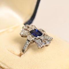 Vintage Cushion Cut Sapphire Elongated Diamond Accent Ring 1.15 Halo Platinum