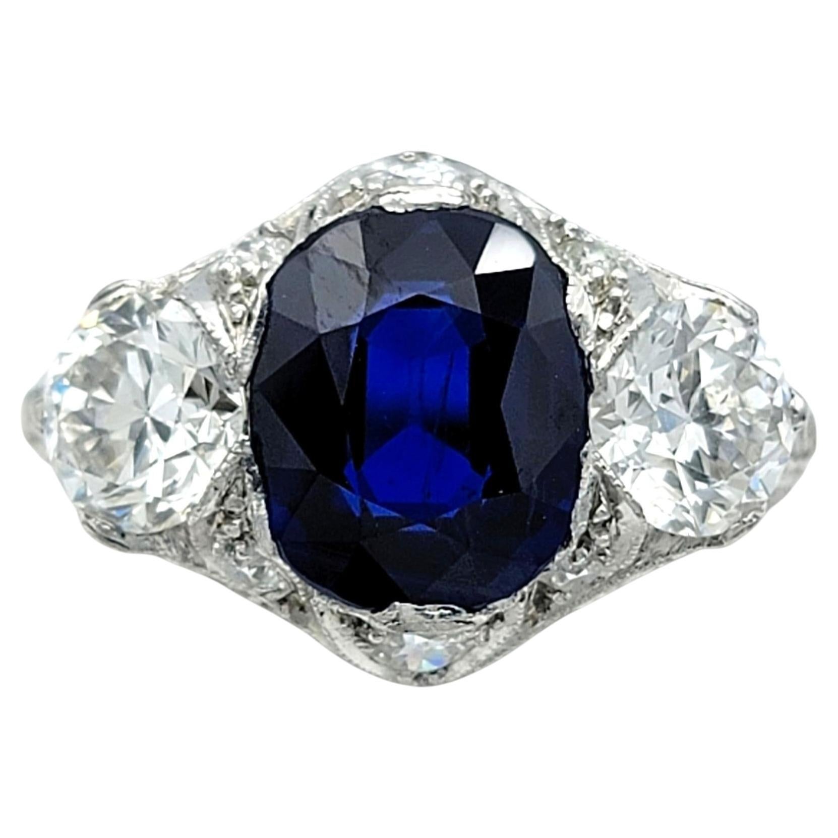 GIA Unheated Blue Sapphire and Diamond Vintage 3 Stone Platinum Filigree Ring For Sale