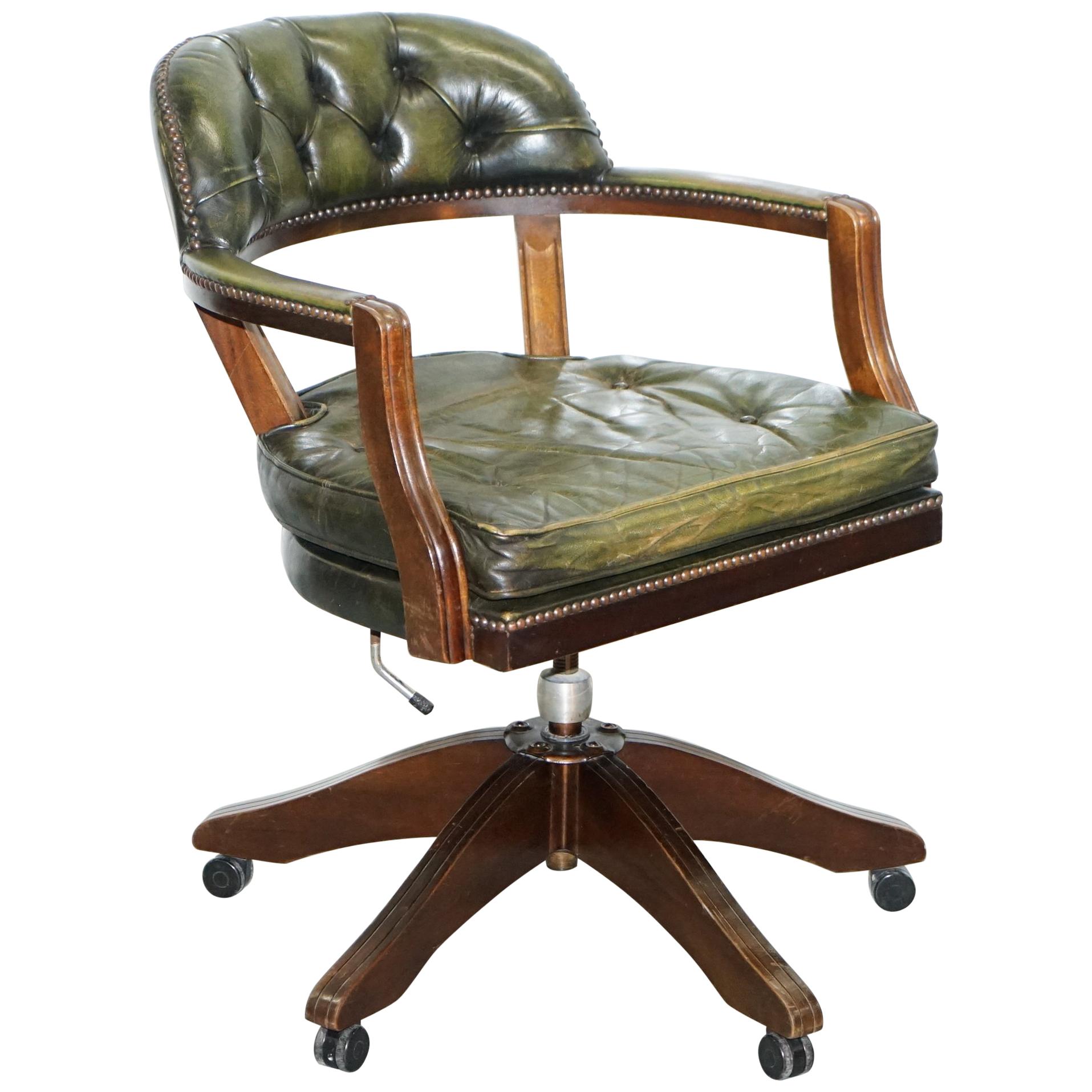 Vintage Cushioned Chesterfield Admirals Court Captains Aged Green Leather Chair