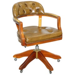Vintage Cushioned Chesterfield Admirals Court Captains Aged Green Leather Chair