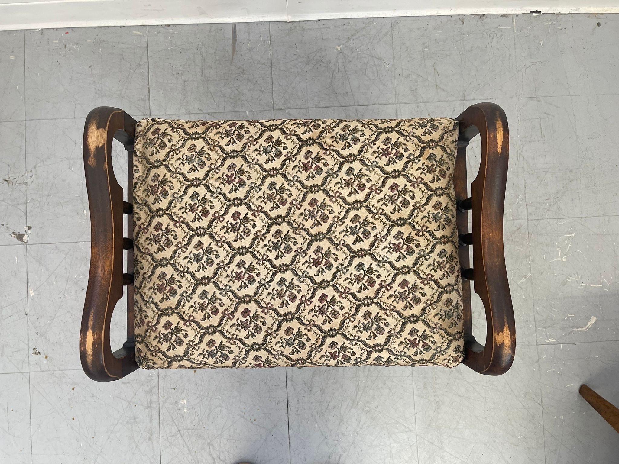 Textile Vintage Cushioned Upholstered Stool With Storage and Wooden Frame. For Sale