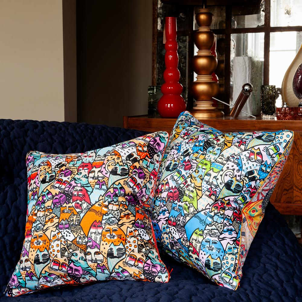 Japanese 'Vintage Cushions' Bespoke Luxury Silk Pillow 'Blue China Cats', Made in London