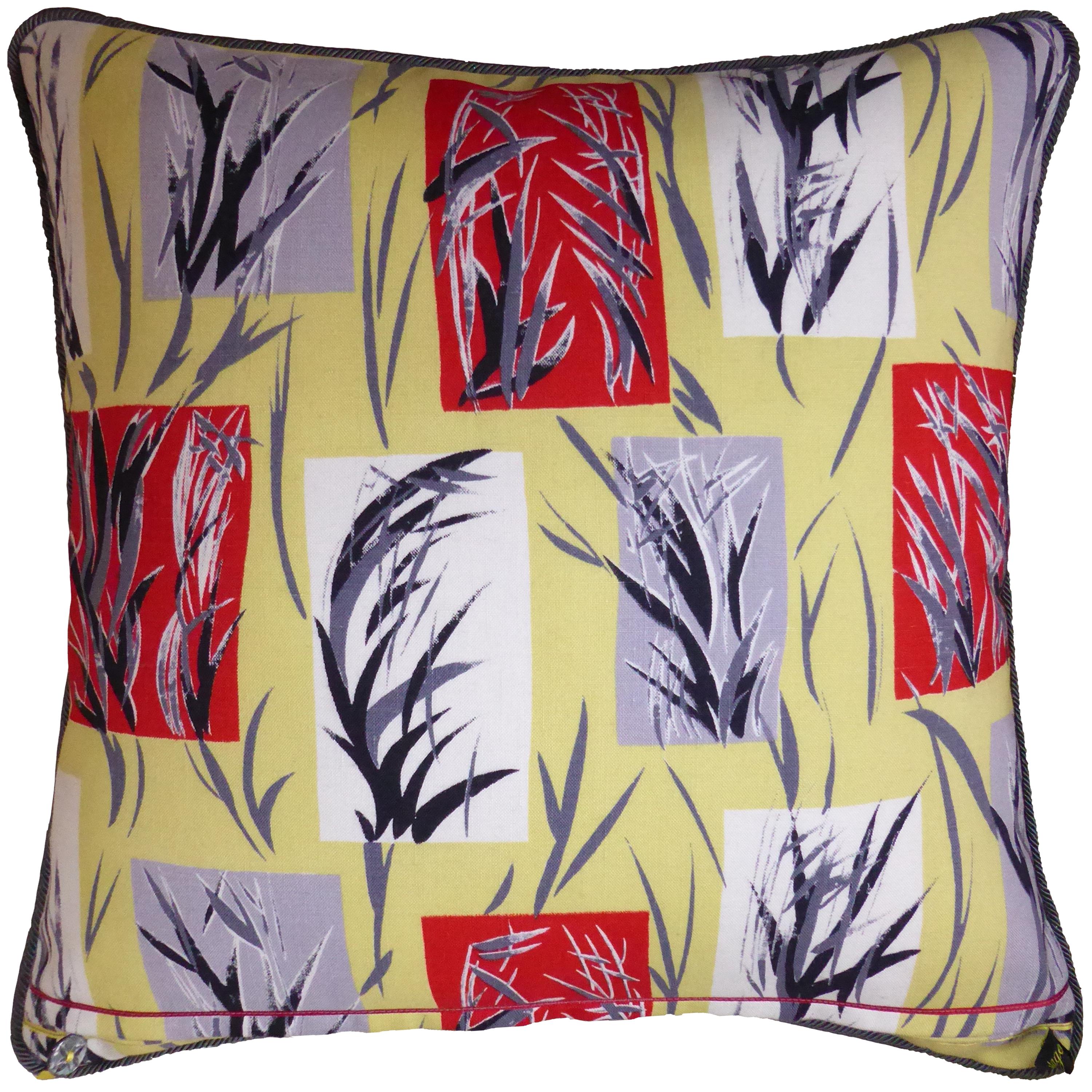'Bamboo Leaves',
circa 1950 
British made luxury cushion created by using original vintage furnishing fabric in a popular midcentury style. Featuring a minimalistic ‘nature’ theme 
Provenance: Britain
Made by Nichollette Yardley-Moore 
Vintage