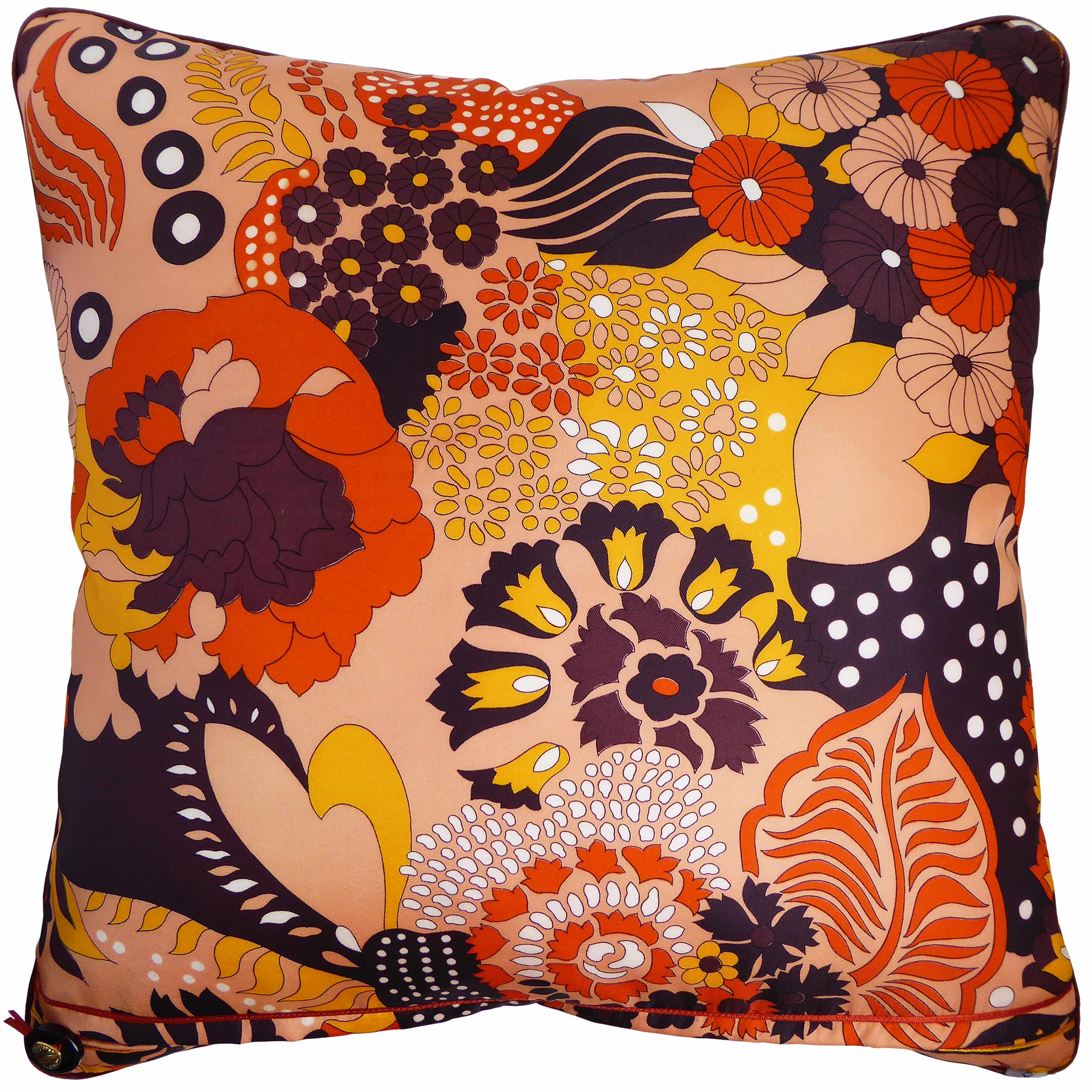 'Modele Despose',
circa 1980
British bespoke made luxury cushion created using beautiful silks in a strong color palette featuring glorious graphics and floral images
Provenance: France and Britain
Made by Nichollette Yardley-Moore
Vintage