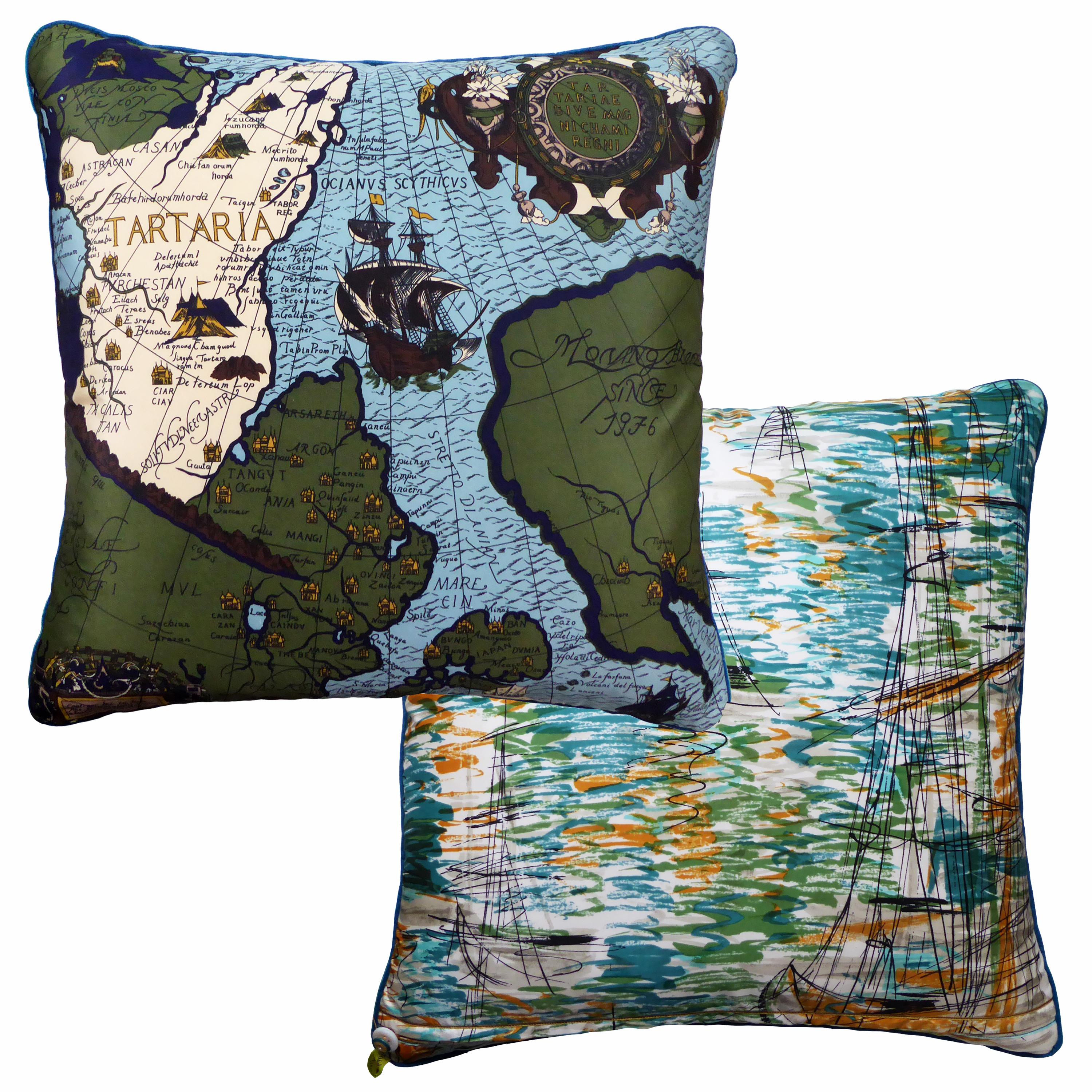 Organic Modern Vintage Cushions, British Bespoke Made Silk Pillow ‘Tartaria', Made in UK