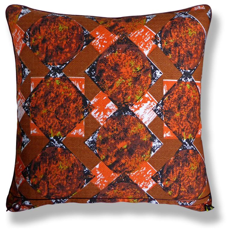 Cooper
Circa 1960
British bespoke-made cushion in a ‘Retro’ style created by using original vintage furnishing fabric featuring the textile designers colour palette, 
Provenance: Britain
Made by Nichollette Yardley-Moore
Cotton bark-cloth and full