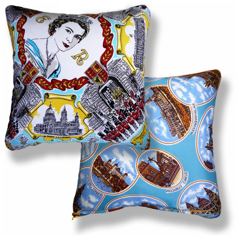 Mid-Century Modern Vintage Cushions 'E.R Coronation' Bespoke Luxury Silk Pillow - Made in London
