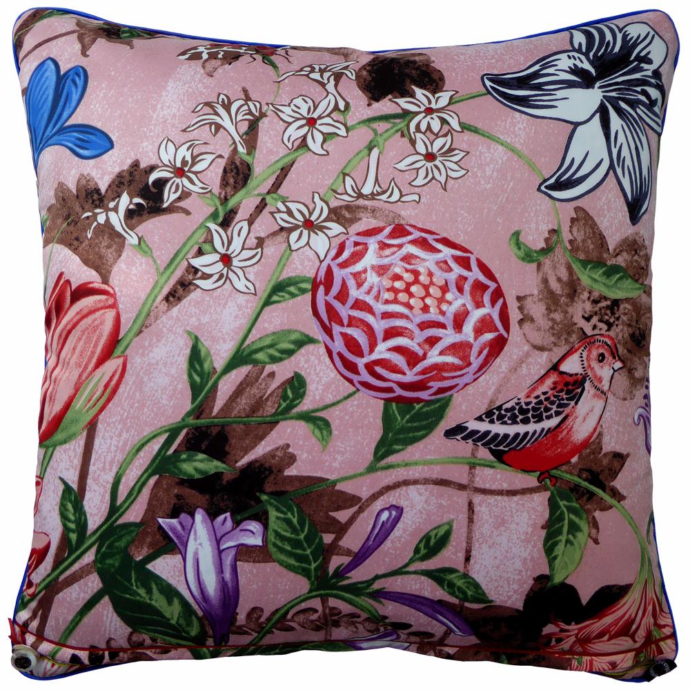 'Equus Rosado' 
circa 2000
British bespoke made luxury cushion created by using beautiful silk in a glorious blue featuring picturesque graphics and floral images
Provenance; Japan
Made by Nichollette Yardley-Moore
Silk with complete