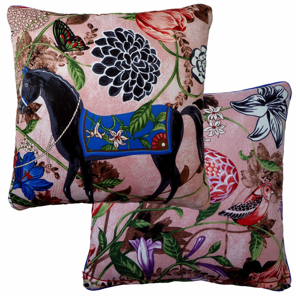 English 'Vintage Cushions' Luxury Bespoke-Made Silk Pillow 'Equus Rosado' Made in London