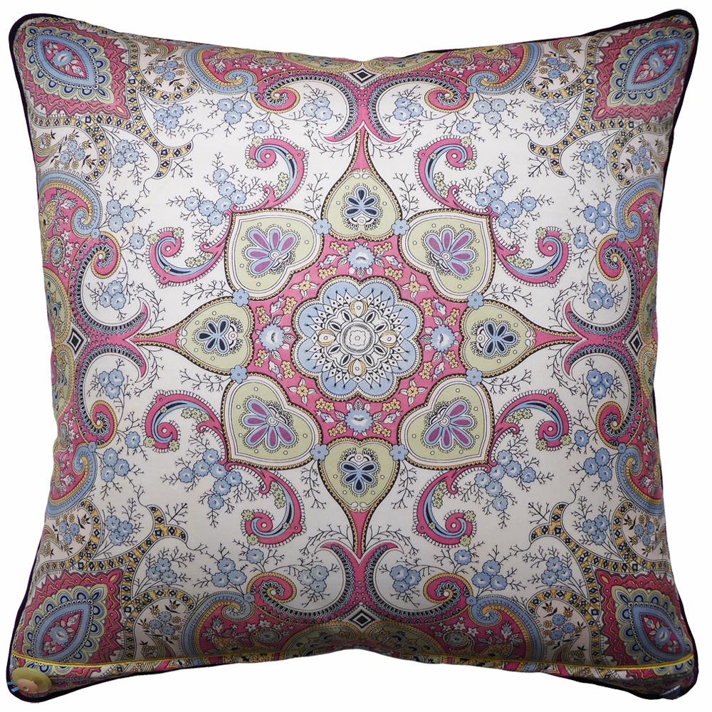 ‘Langdon’
circa 1960-1970
British bespoke made luxury cushion created by using original vintage silks in a beautiful mis-matched style. The front side features a fifties paisley pattern designed by 'The House of Jacqmar' complimented on the