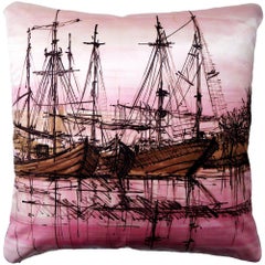 'Vintage Cushions' Luxury Bespoke-made silk pillow 'Ships', Made in London