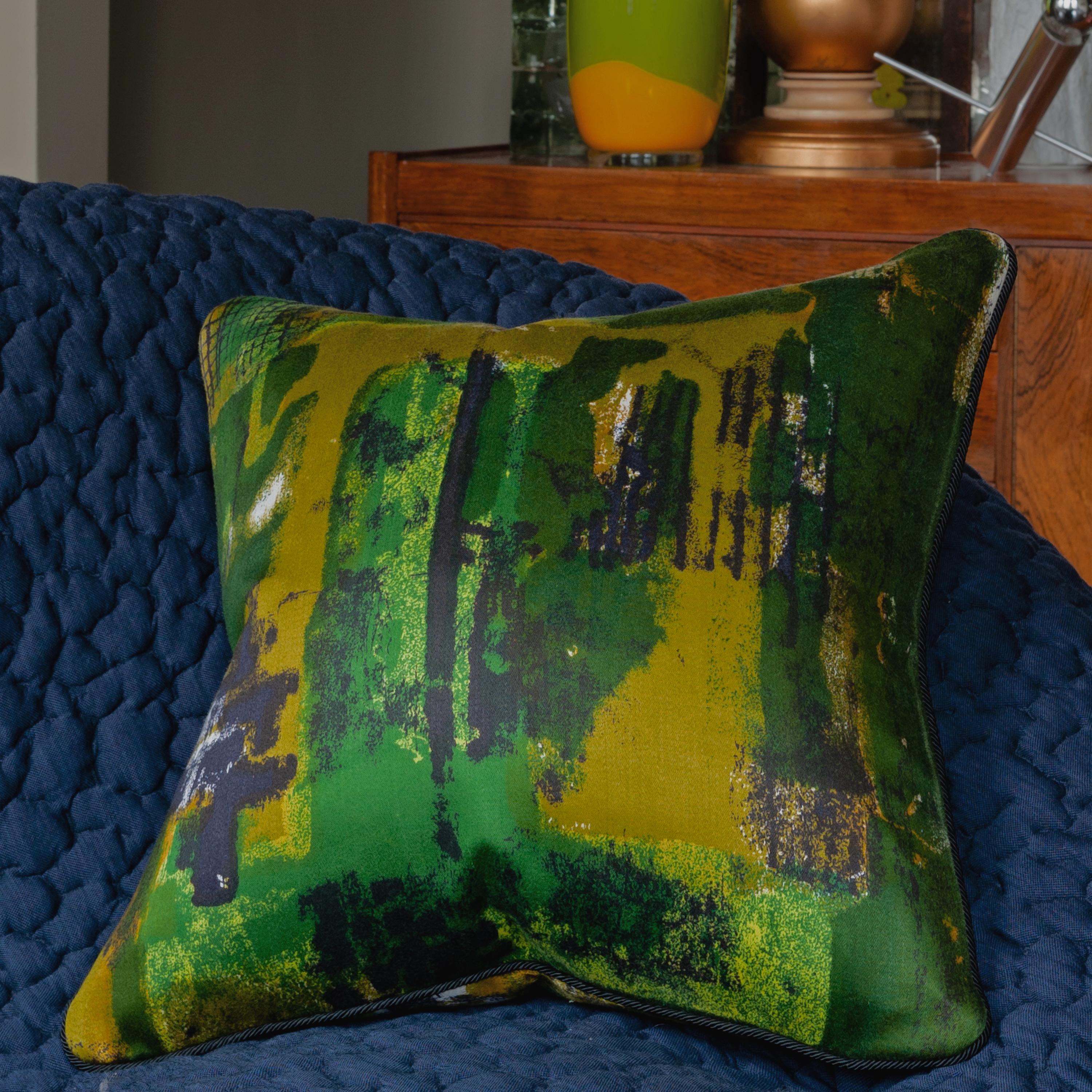 'Rhapsody',
circa 1950
British bespoke luxury cushion created using original mid-century cotton furnishing fabric. The selvedge details ‘A Francis’ Screen print. Printed in VAT Colors, the richness of colors is an excellent example of the rich green