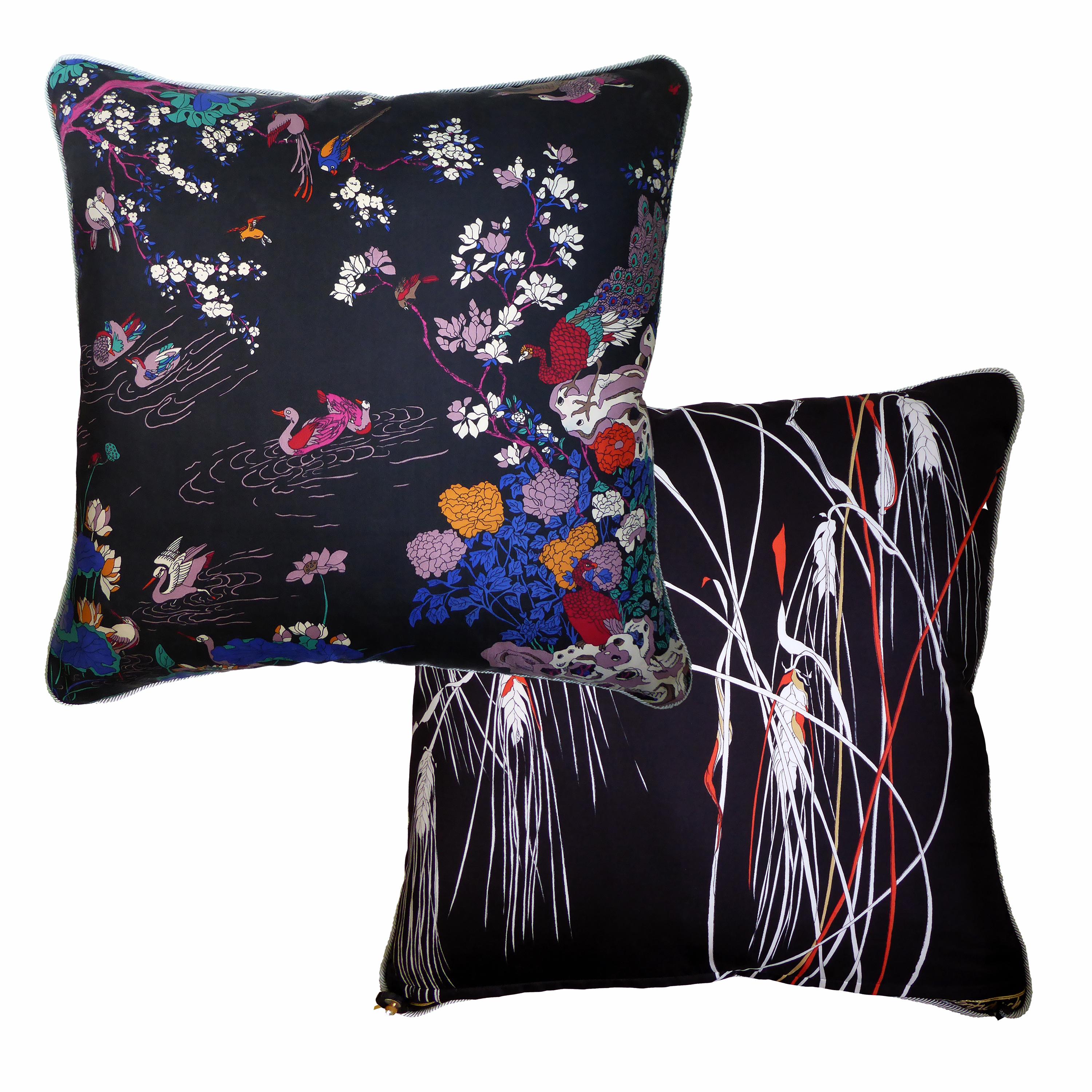 Mid-Century Modern Vintage Cushions, Luxury Bespoke Silk Pillow, Oriental Lake, Made in London