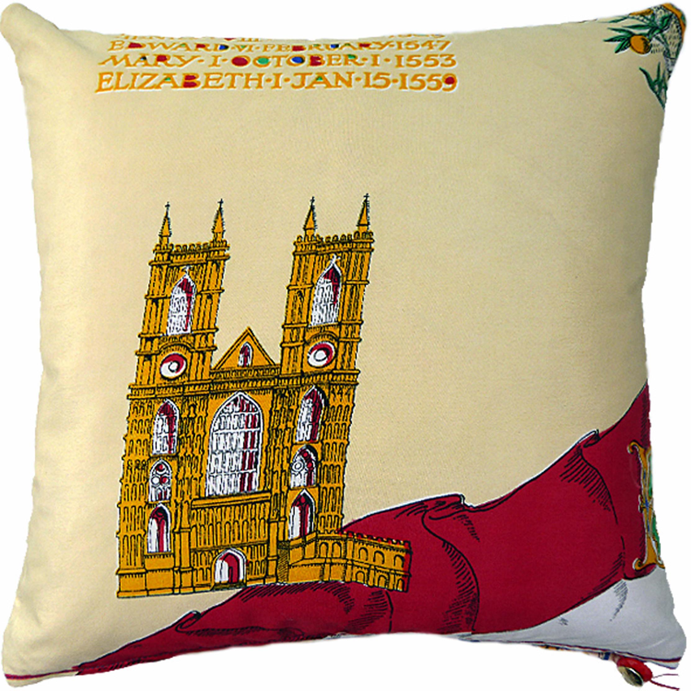 Vintage cushions, 'Princess Anne'
circa 1950
British made bespoke cushion created using original vintage fabrics featuring images of Princess Ann on the coronation day of her mother Queen Elizabeth II in 1953 complimented on the reverse side with
