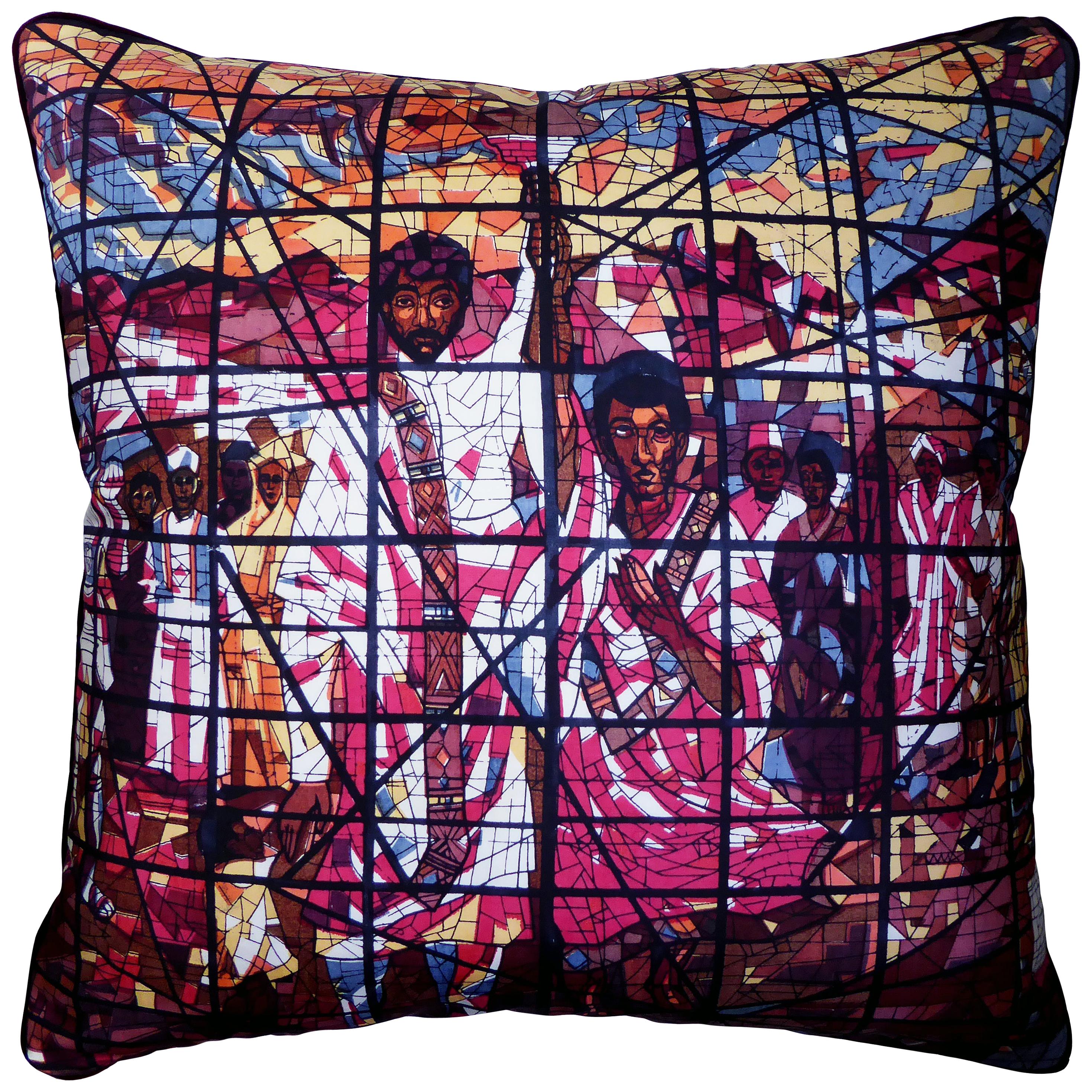 Vintage Cushions Luxury Bespoke Silk Pillow, Stained Glass Window of Africa